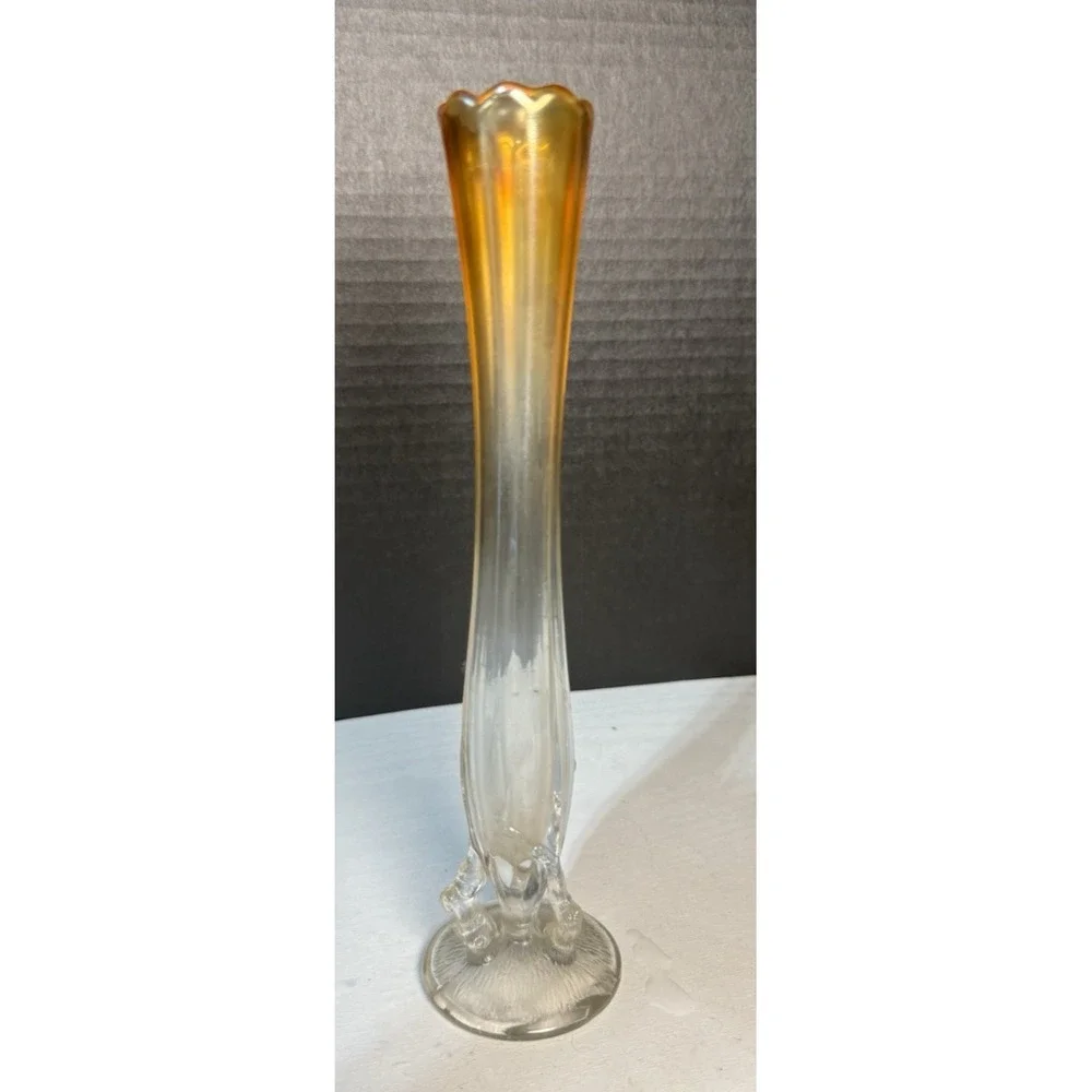 ATQ‎ Dugan Carnival Glass Bud Vase Clear to Marigold w/Twig Branch Base 9.25